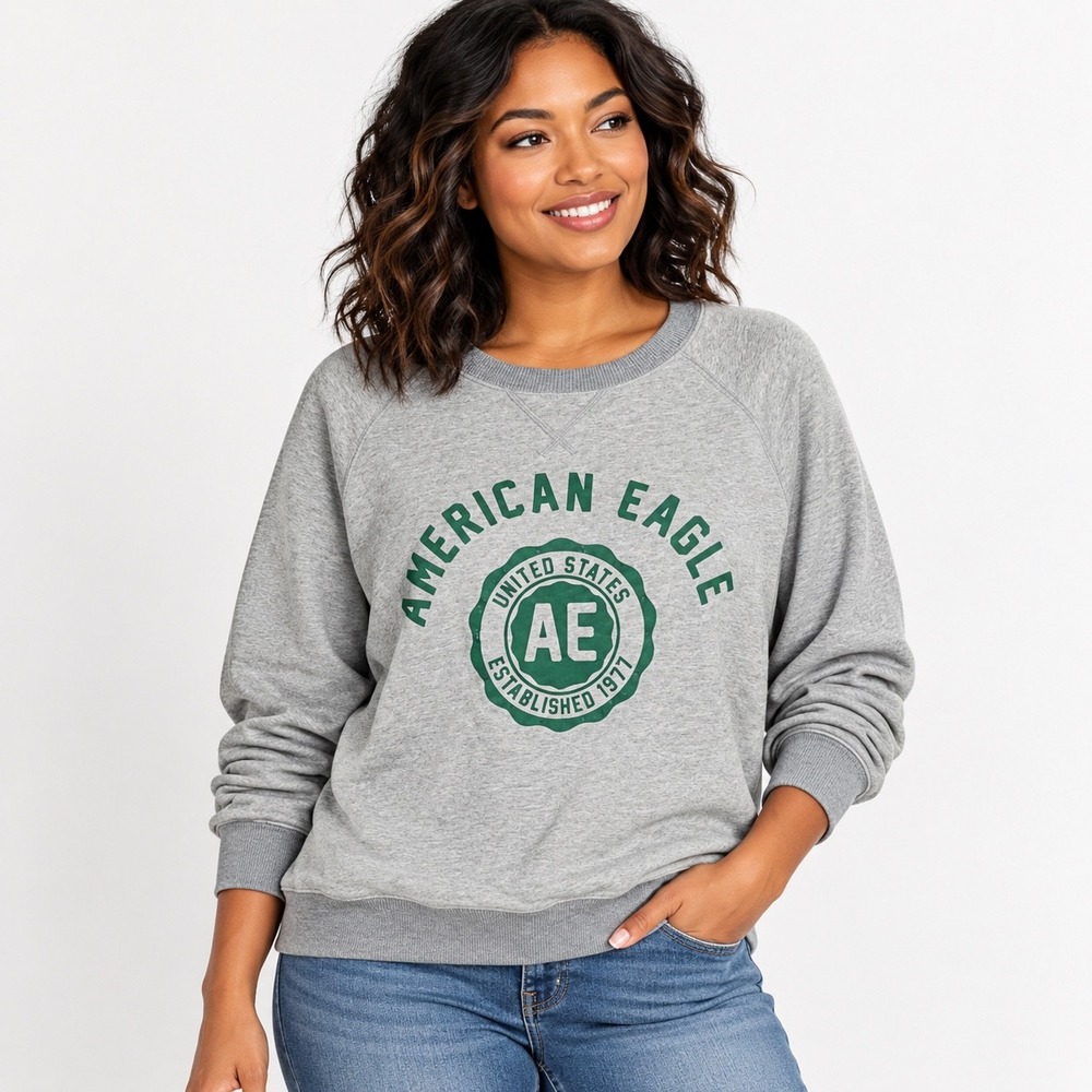 American Eagle Gray Crewneck Sweatshirt Green Graphic Logo Pullover Small